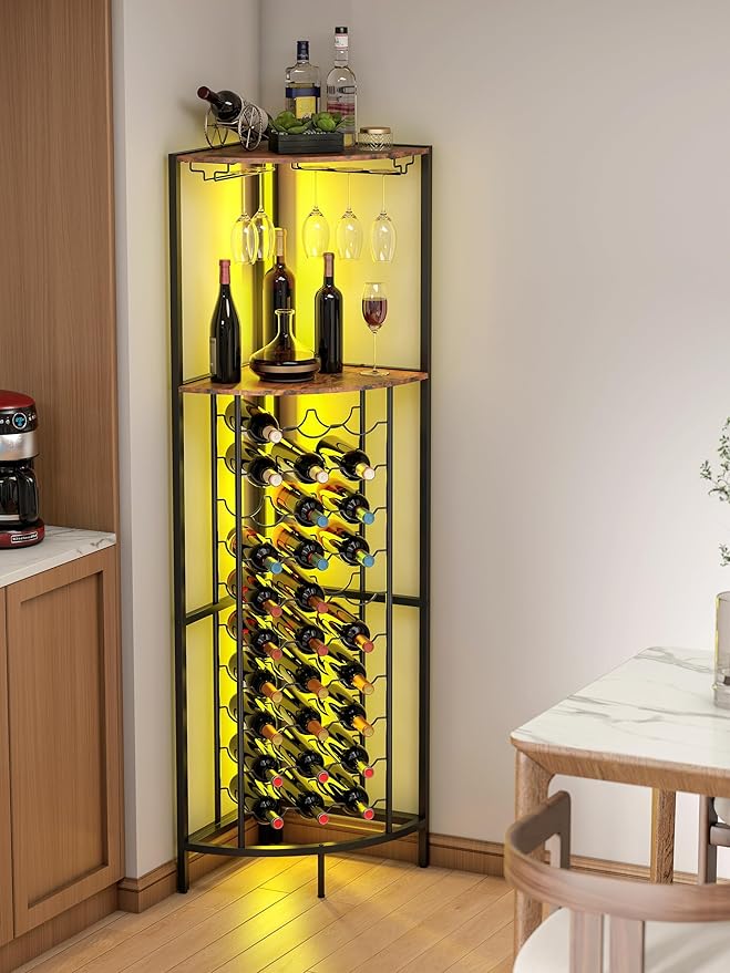 Corner Wine Rack with Led Strip Light Freestanding Floor with Wine Glass Holder 30 Bottle Wine Holder Rack Industrial Corner Liquor Cabinet Bar for Home Bar Kitchen Living Room (Rustic Brown)