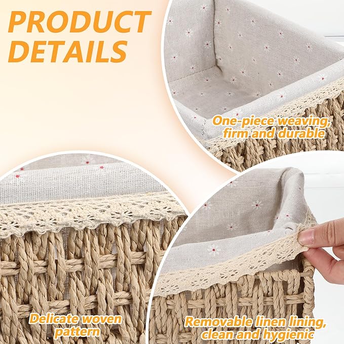 3 Pcs Storage Basket With Liner, Wicker Decorative Basket for coffee table, RectangleTray,Bathroom Countertop Organizer, rectangle Kitchen Drawer Organizer Storage (3 Sizes)
