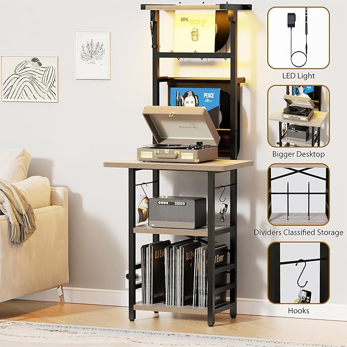 Record Player Stand with Led Light,Record Player Table with Vinyl Storage,Turntable Stand with Record Holder Vinyls Display Shelf for Music Room Studio,Greige