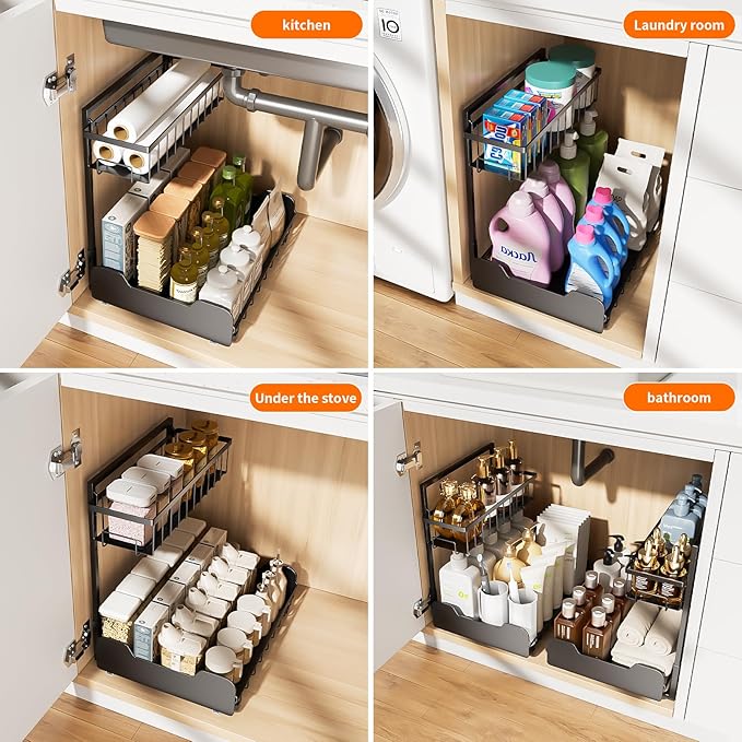 Under Sink Organizer, 2-Tier L-Shaped Pull Out Cabinet Shelf with 2 Installation Methods, Adjustable Sliding Storage Drawer for Kitchen, Bathroom, Laundry, Metal, Black, 2-Pack
