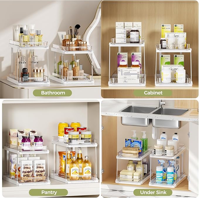 Delamu 2-Tier Bathroom Under Sink Organizers and Storage, Pull Out Cabinet Drawers with Anti-Slip Design, Multi-Purpose Storage for Kitchen, Pantry, Bathroom & Home Organization, 1 Pack