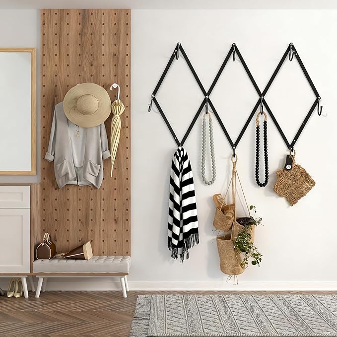 Kathfly Vintage Accordion Wall Hanger with 10 Hooks Folding Hand Forged Iron Accordion Rack Metal Expending Hat Coat Rack Wall Hook for Towels, Hats, Mugs, Bags, Stockings