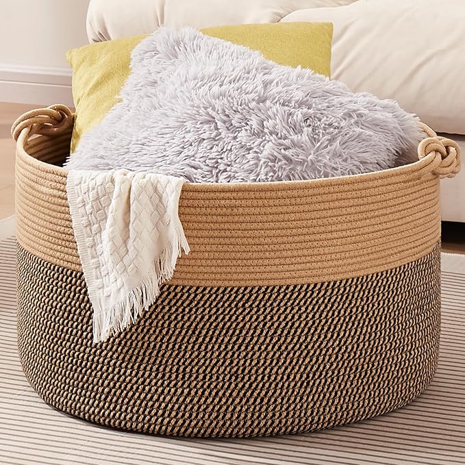 Large Blanket Storage Basket for Living Room, 22.8" x 22.8" x 13" Woven Cotton Rope Basket with Handles, Baby Toy Storage, Laundry Hamper for Clothes, Pillows, Towels-Brown and Black