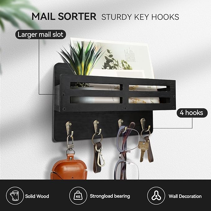 Key Holder Wall Mount, 10 inch Decorative Key and Mail Holder for Wall, with Mail Organizer & 4 Key Hooks, Rustic Wooden Key Rack for Hanging Dog Leash Sunglasses, Entryway Key Hanger, Black