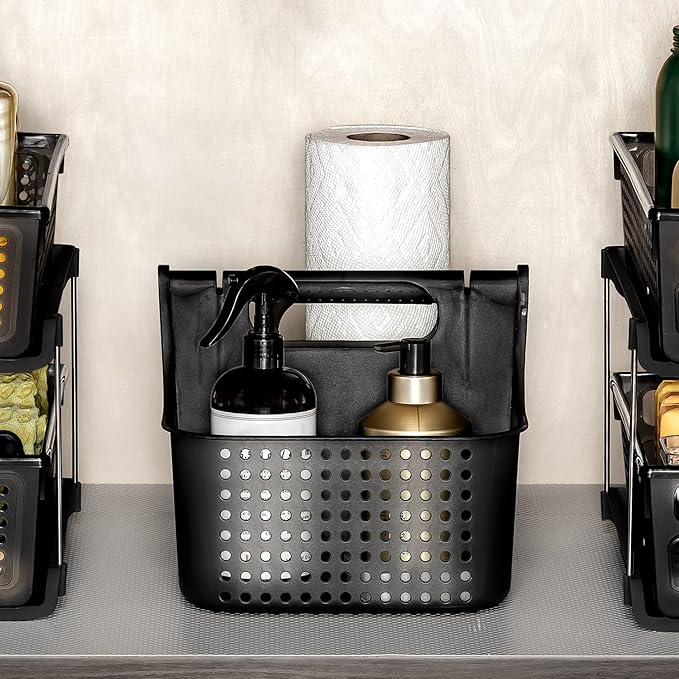 madesmart Premium Portable Shower Caddy, Hold Soap, Shampoo, Hair Supplies and Beauty Products, Cleaning Supplies Organizer for Home, Dorm, Plastic Shower Tote, Soft Handle, Smoke