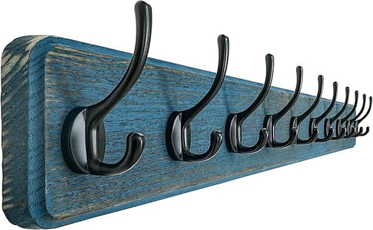 Dseap Coat Rack Wall: 38-1/4" Long, Patented, Heavy-Duty, 10-Double-Hooks Wooden Wall Mounted Coat Rack Coat Hanger Hook Rail for Winter Coats Hat Jacket Clothing, Weathered Blue