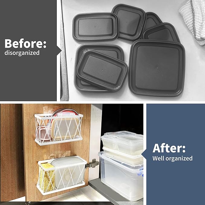 Adhesive Cabinet Organizer, Wall Mounted Lid Organizer, No Drill Kitchen Cabinet Storage for Slim Space, 3 Pcs White Stainless Steel