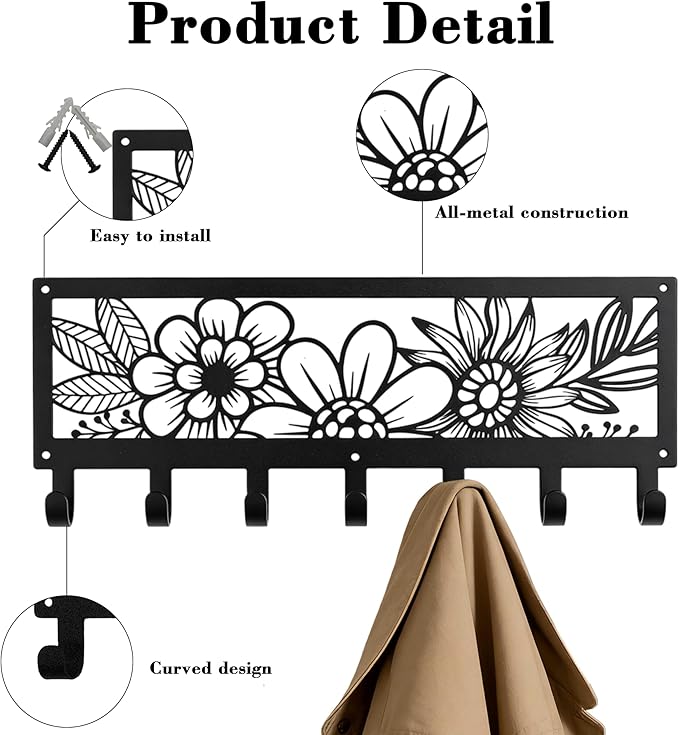 Black Metal Flower Wall Mount Rack with 7 Hooks, Decorative Wall Hanger for Coats, Jackets, Hats, Bags, Keys, Metal Wall Organizer for Bedroom, Bathroom, Kitchen, Living Room, Office, Home