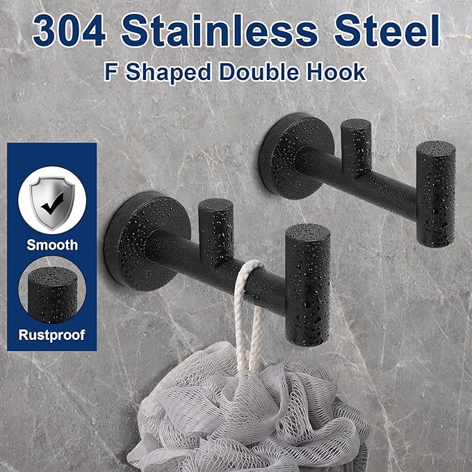 NearMoon Bathroom Double Towel Hook- SUS304 Stainless Steel Robe Towel Holder, Heavy Duty Double Coat Hook for Bathroom Livingroom Kitchen Wall Mounted (Matte Black-F, 2 Pack)