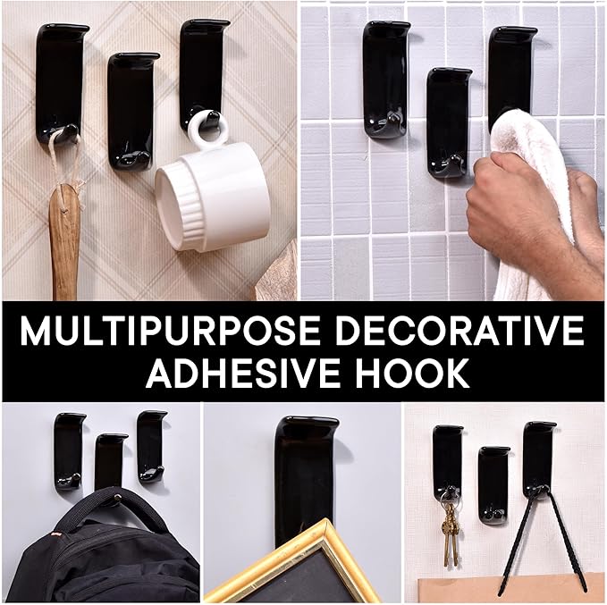 Indian Shelf Boho Ceramic Adhesive Wall Hooks - Damage-Free Decorative Blue Pottery Hangers for Keys & Towels, Renter-Friendly Stick-On Home Décor - 3 Hooks with 6 Strips(Style 6)
