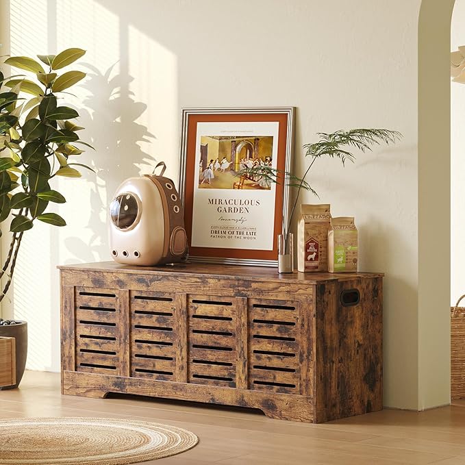 DINZI LVJ Storage Chest, 47.3â Wooden Toy Box with 2 Safety Hinges, Retro Entryway Shoe Storage Bench with Flip-Top, Sturdy Large Storage Trunk for Living Room, Bedroom, Easy Assembly, Rustic Brown