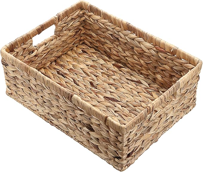 Wicker Basket for Shelf Natural Water Hyacinth Storage Baskets with Built-in Handles Rectangular Handwoven Basket Bin for Bathroom Kitchen Home Decor,X-Large