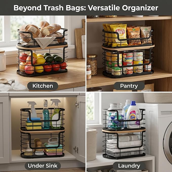 Multi-Purpose Trash Bag Holder & Stackable Kitchen Storage Organization Bins, 2-Pack Protective Wire Basket with Natural Fiber Top, Versatile Garbage Bag Dispenser Under Sink