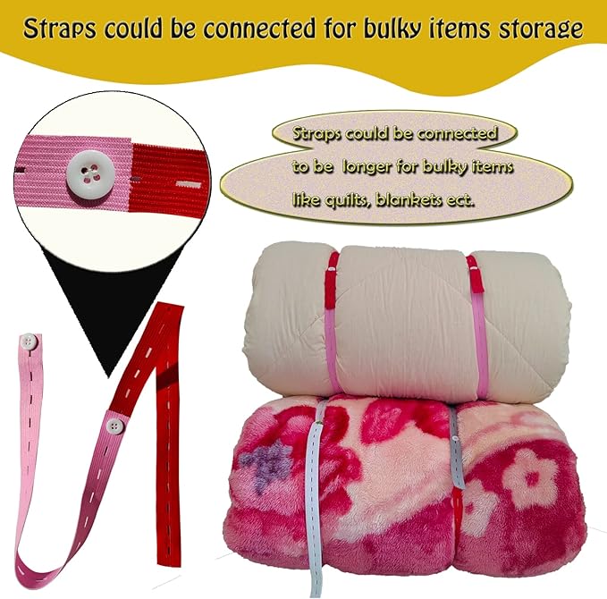 100Pcs Elastic Band with Button & Buttonholes,Heavy Duty Drawers Clothing Storage,Adjustable Roll-up Clothes Storage Band,Travel Luggage Space Saver, Drawer & Closet Organizer