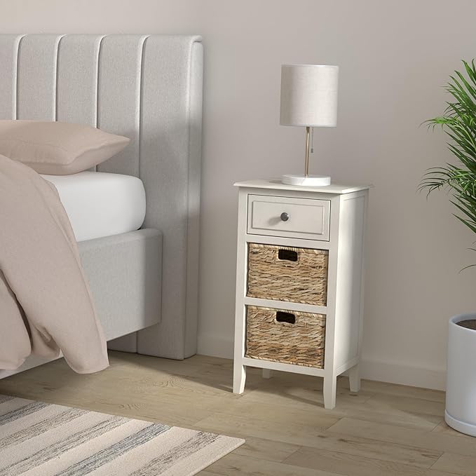 SAFAVIEH Home Collection â Everly Vintage Grey 3-Drawer Side Table with Woven Basket Storage, Fully Assembled Farmhouse Accent Table (AMH5743D)