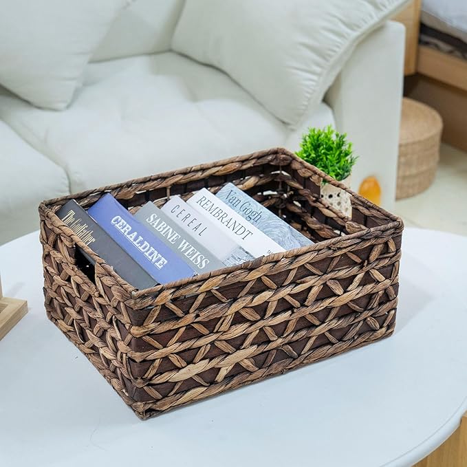 Rectangular Wicker Storage Basket with Iron Structure & Wood Accents, 15.75Ã11.42Ã7.09 Inches, Perfect for Home Organization