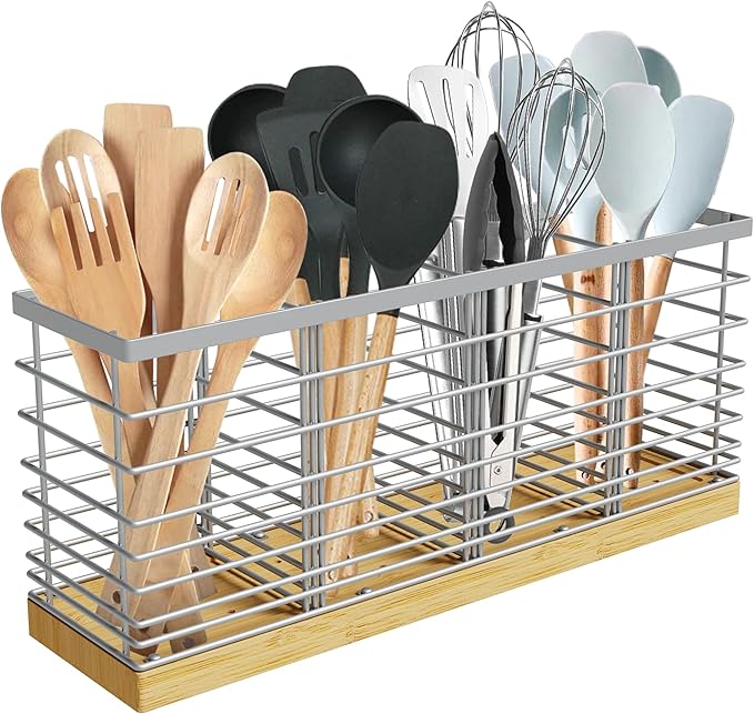 Suli Extra Large Kitchen Utensil Holder with 4 Compartments，Silvery Metal holder with Wooden Base for Countertop，Farmhouse Utensil Organizer for counter, Rustic Cooking Storage Caddy for Corner