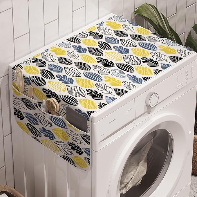 Ambesonne Autumn Washing Machine Organizer Pack of 2, Continuous Pattern of Abstract Leaves, Anti-Slip Cover for Washers Dryers, 47" x 18.5", Yellow Black