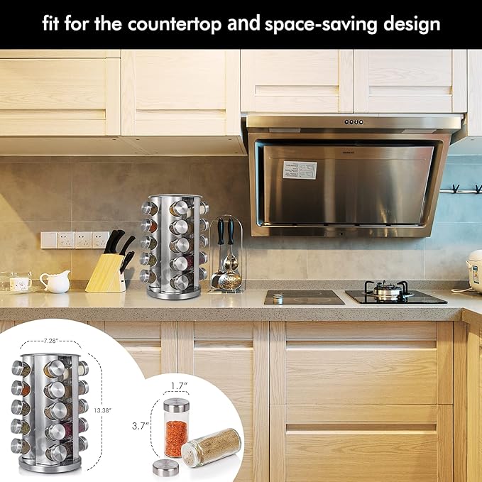 Baker Boutique Spice Rack, Spice Organizer for Countertop, Empty 20-Jars Rotating rack, Spinning flavoring Rack Shelf, Revolving Rack for Kitchen (Silver)