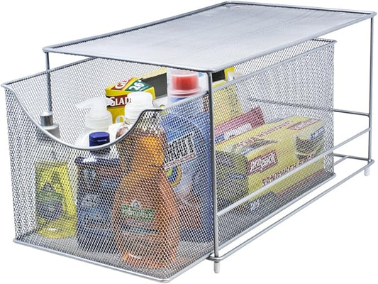 Sorbus® Cabinet Organizer Drawer with Cover—Mesh Storage Organizer w/Pull Out Drawers—Stackable, Ideal for Countertop, Cabinet, Pantry, Under the Sink, Desktop and More (Silver Bottom Drawer)