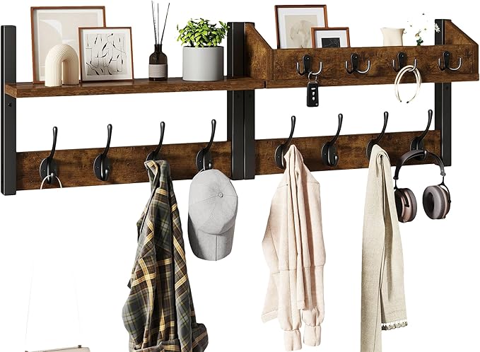 YMYNY 31.5" Coat Rack Wall Mount with Shelf, 4 in 1 Key and Coat Hanger with 12 Metal Hooks, Wall Shelf with Hooks & Mail Holder for Living Room, Bedroom, Rustic Brown, HWS007H-2