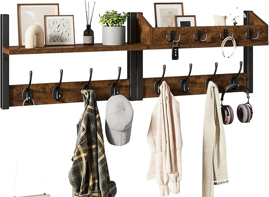 YMYNY 31.5" Coat Rack Wall Mount with Shelf, 4 in 1 Key and Coat Hanger with 12 Metal Hooks, Wall Shelf with Hooks & Mail Holder for Living Room, Bedroom, Rustic Brown, HWS007H-2