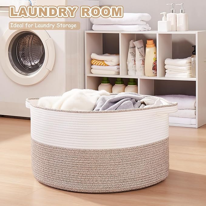 Large Blanket Basket with Handles, 22.8" x 22.8" x 13" Woven Storage Basket for Living Room, Cotton Rope Baby Toy Storage for Clothes, Pillows, Towels-Brown & White