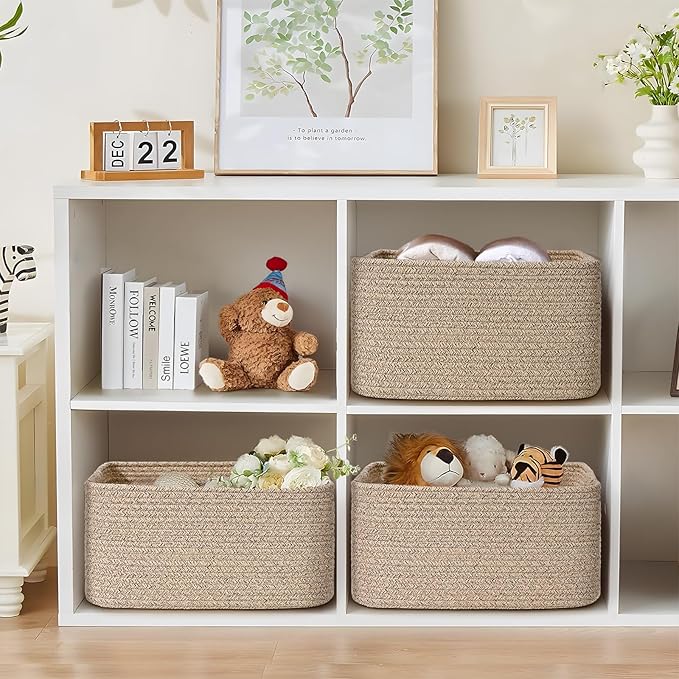 3 Pack Large Storage Basket for Organizing, 17"x12"x7.5" Woven Basket for Shelves, Closet Cube Storage Bins with Wrapped Handle, Cotton Rope Baskets for Kitchen, Clothes, Toys(Natural)
