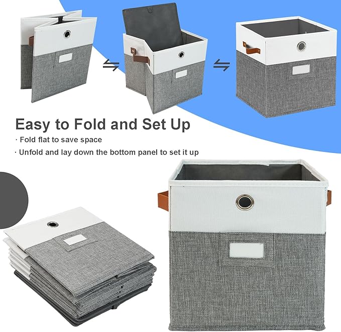 11x11 Cube Storage Organizer Bins Set of 4,foldable Storage Bins with Label,Cubby Storage Organizer with Metal pull ring and Leather Handles(Grey/White)