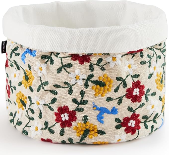 HAUSFRAU Decorative Storage Baskets - Round Embroidered Jacquard Baskets for Home Decor and Organizing - Small Storage Box and Organizer Bins, 6"x6"x6", Bird Flower