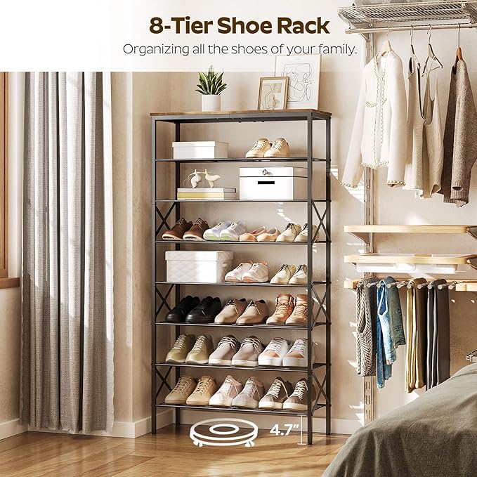 8 Tier Shoe Rack, Shoe Storage Organizer, Large Capacity Shoe Shelf Holds 32 Pairs of Shoes, Sturdy and Stable, for Entryway, Hallway, Closet, Dorm Room, Rustic Brown SS08BR