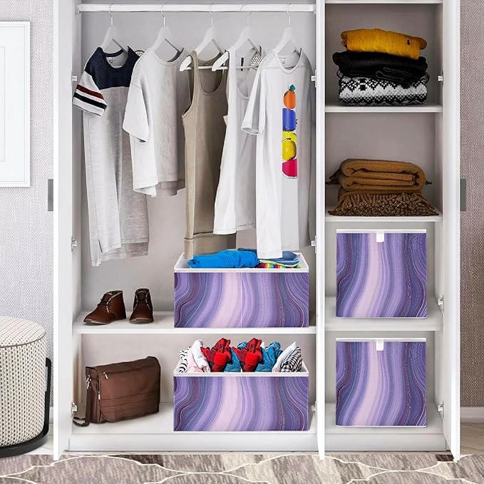 Blueangle Purple Marble Rectangle Storage Bin, 15.8 x 10.6 x 7 in, Large Collapsible Organizer Storage Basket for Home Décor