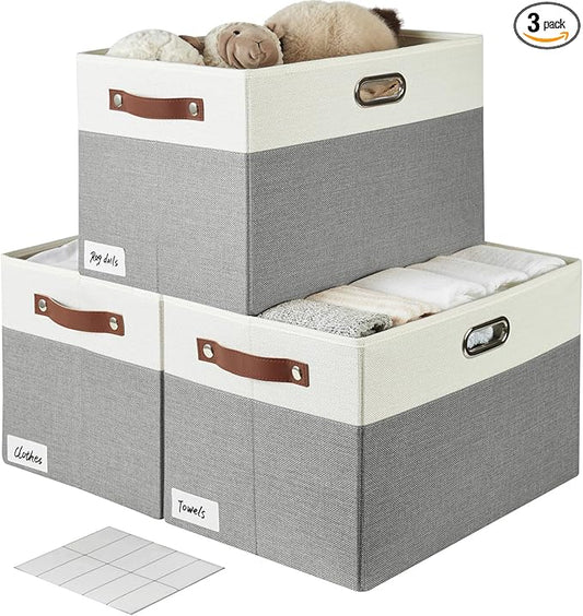 Large Collapsible Fabric Storage Bins with 3 Handles, Foldable Organizer Baskets for Closet, Shelves, Living Room | 3 Pack, Durable PU & Metal Handles (17"x11.8"x11.8", Gray & White)