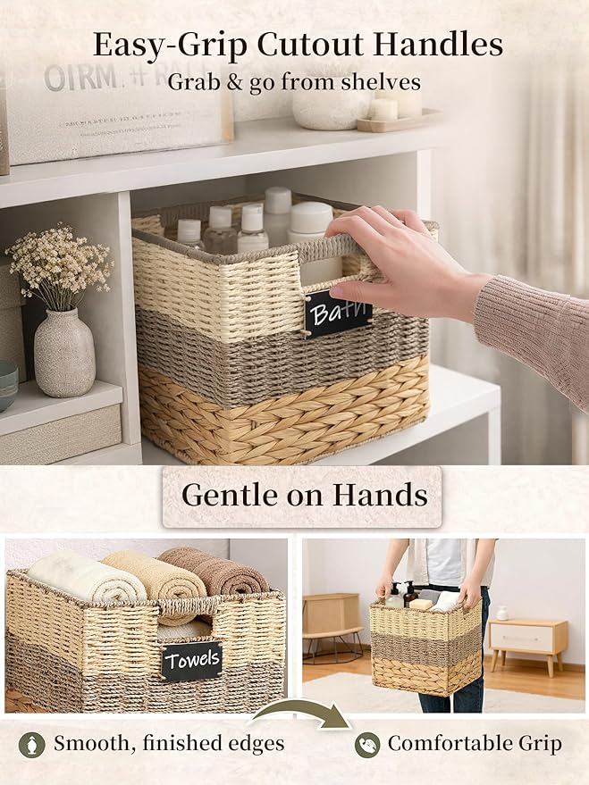 Storage Basket, 12x12x12 Inch Storage Cubes, Water Hyacinth Wicker Basket for Storage, Handmade Woven Baskets for Organizing, Set of 4 Wicker Storage Baskets for Shelves