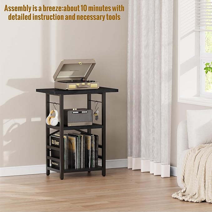 Record Player Stand with Extended Desktop,Large Record Player Table with Vinyl Storage,Turntable Stand with Record Holder Vinyls Display Shelf for Music Room Studio,Modern Black