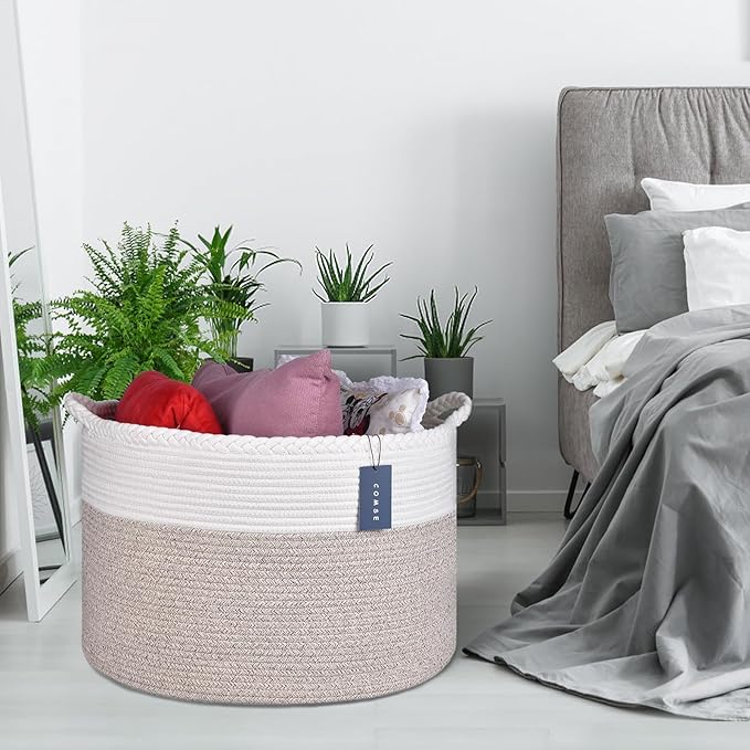COMSE Extra Large Blanket Basket, Woven Laundry Basket, 21.7âx 13.8â, Nursery Hamper, Cotton Rope Laundry Hamper Living Room for Storage Toys Clothes Towels (White & Light Brown)