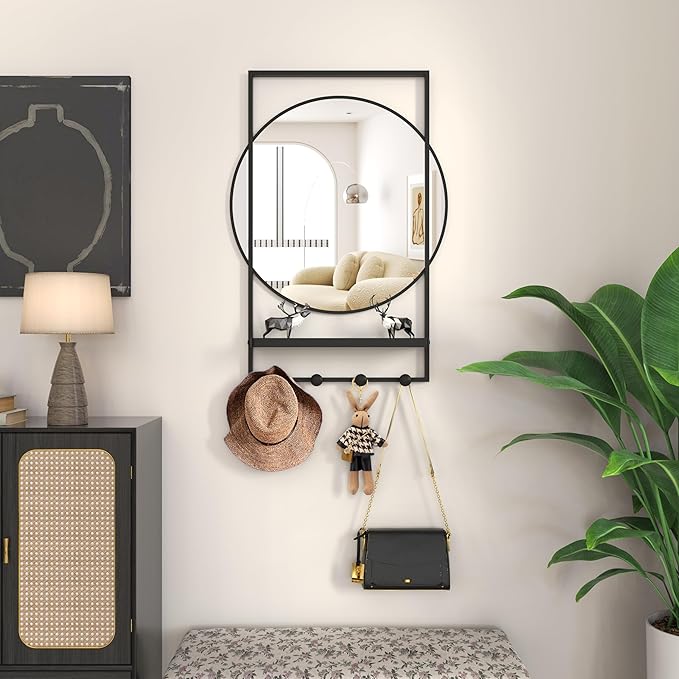 WONSTART 28 x20 Inch Entryway Mirror with Hooks, Bathroom Mirror with Shelf, Rectangular Frame Round Wall Mirror with Shelf and Hooks, Vanity Mirror Decorative for Wall