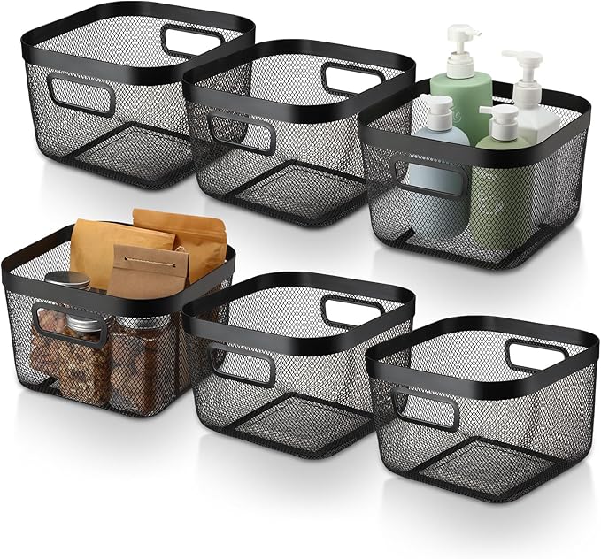 6 Pack Metal Mesh Basket with Hollow Handles Black Wire Storage Bin for Organizing Stackable Metal Fine Mesh Basket for Pantry Bathroom Kitchen Cabinets Shelves (Medium)