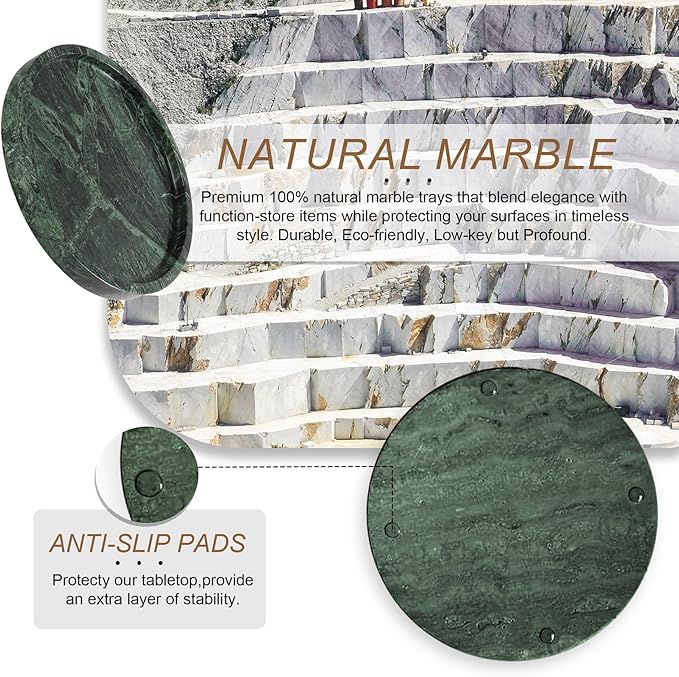 Natural Marble Tray, Round Green Tray for Bedroom/Bathroom/Kitchen/Vanity Countertop, Jewelry Tray for Rings Earrings Necklace Bracelet Watch, Room Decor Aesthetic