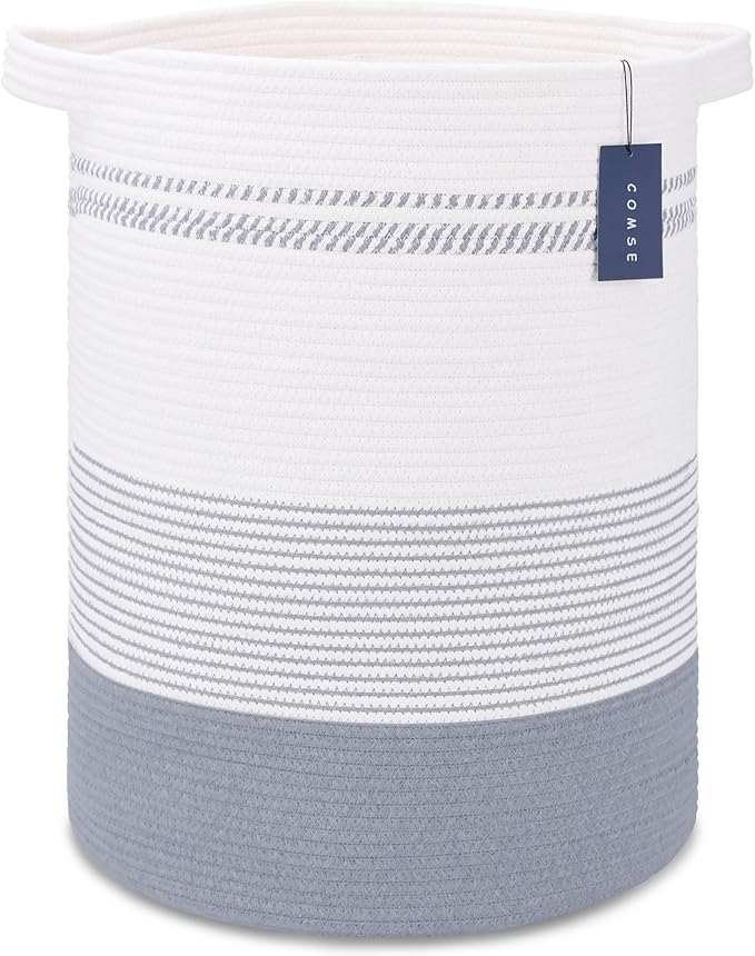 COMSE Extra Large Blanket Basket, Tall Laundry Basket, Nursery Hamper, 15.7âx 21.7â, Cotton Rope Woven Laundry Hamper for Storage Toys Clothes Towels, Light Gray & White