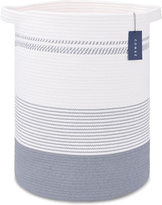 COMSE Extra Large Blanket Basket, Tall Laundry Basket, Nursery Hamper, 15.7âx 21.7â, Cotton Rope Woven Laundry Hamper for Storage Toys Clothes Towels, Light Gray & White