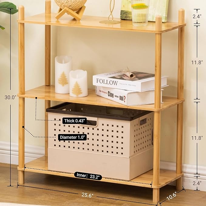 3-Tier Expandable Freestanding Open Bamboo Book Shelf - No-Tool Assembly & Modular,Bathroom Storage Shelf Unit Plant Stand for Small Space, Bedroom, Living Room, Home Office