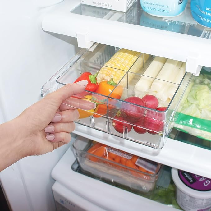Oggi Undershelf Fridge Drawer Organizer - Easy-to-Mount Pull Out Drawer with Clear Dividers - Refrigerator Organizers and Storage for Cheese, Fruits, Vegetables, Snacks, Deli Meats & More - 12x8x3.5