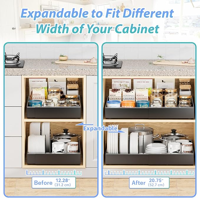 OVICAR Expandable Cabinet Organizer Drawer - Pull Out Cabinet Drawers 21" Deep Adhesive Slide Out Storage Shelf with 4pcs Divider Racks for Kitchen Pantry Bathroom Home, 12.2"-20.7" W, Black