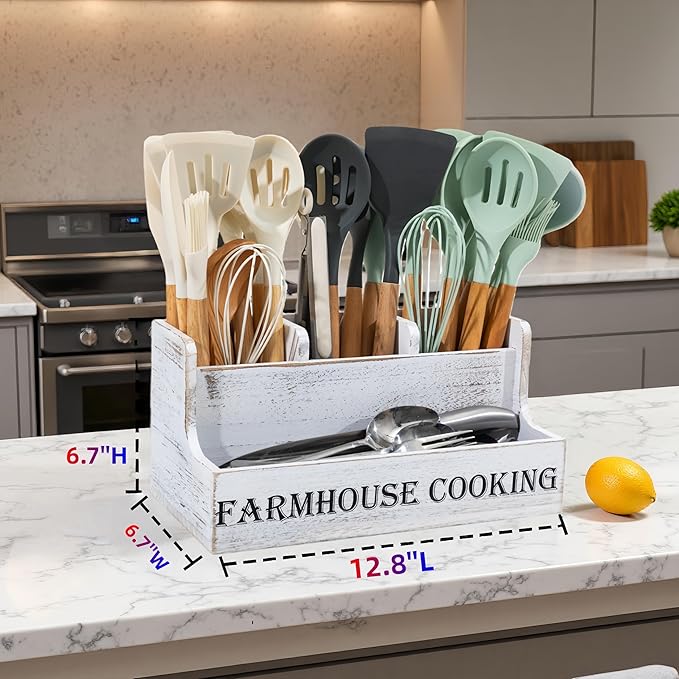 Kitchen Utensil Holder, Utensil Holder For Kitchen Counter,Extra Large Cooking Spatula Organizer,Farmhouse Wooden Big Storage Rustic Flatware Spoon Tool Organizer