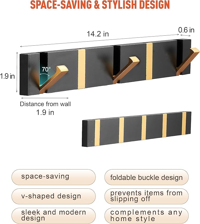 Waterproof Black Gold Wall Hooks - 2 Pack Modern Foldable Towel Hooks for Bathrooms, Coat Hooks Wall Mounted - Stylish, Durable, and Easy to Install