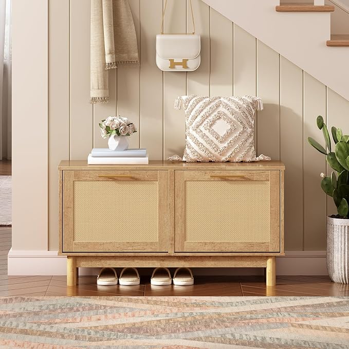 HOOBRO Shoe Storage Bench Entryway, Rattan-Like Shoe Bench with Flip Drawers, Narrow Shoe Rack Bench, Shoe Cabinet with Rattan Doors, Wooden Shoe Organizer for Entryway Hallway, Natural NL51HX01