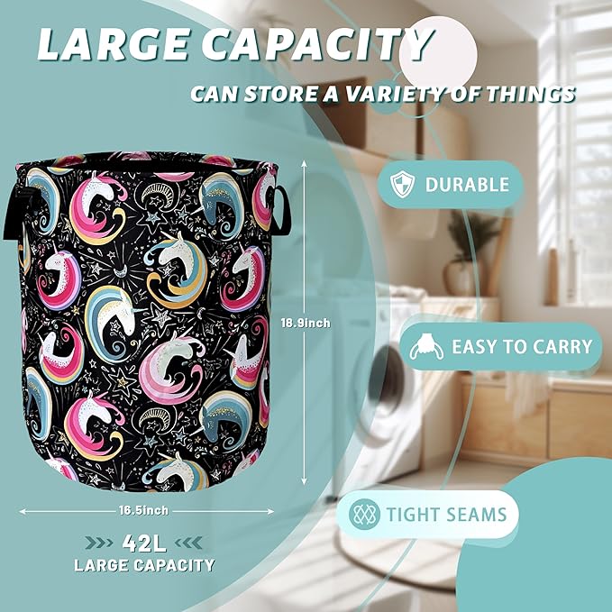 Colorful Unicorn Laundry Basket Foldable With Handles Tote Bag Oxford Cloth Funny Animal Laundry Hamper Clothes Storage Bucket Toy Organizer 18.9" x 16.5" For Bathroom/Laundry/Bedroom