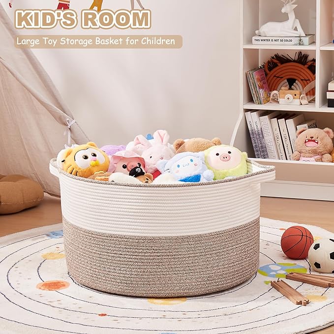 Large Blanket Basket with Handles, 22.8" x 22.8" x 13" Woven Storage Basket for Living Room, Cotton Rope Baby Toy Storage for Clothes, Pillows, Towels-Brown & White