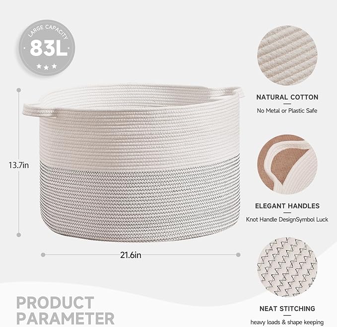 CLHMILY&Z Large Woven Storage Basket - 22x14.2 Inches - Modern Nursery Bin, Round Baby Toy Organizer, Soft Cotton Hamper for Home Decor, Multi-Purpose Home Tidy Solution